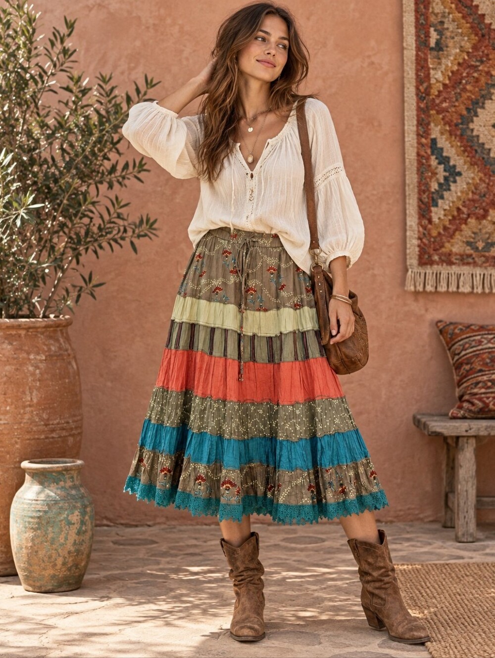 Vintage Y2K Venezia Peasant Skirt Size L/XL Tiered Lace Trim